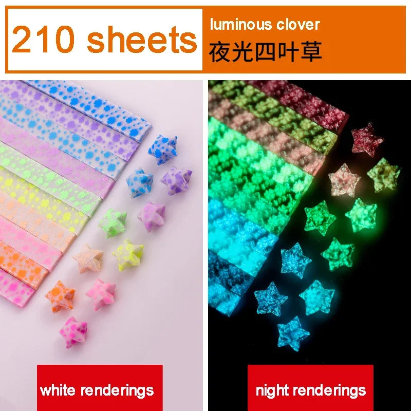 A collection of 210 sheets of luminous clover star strips in various colors, shown as white and night renderings.