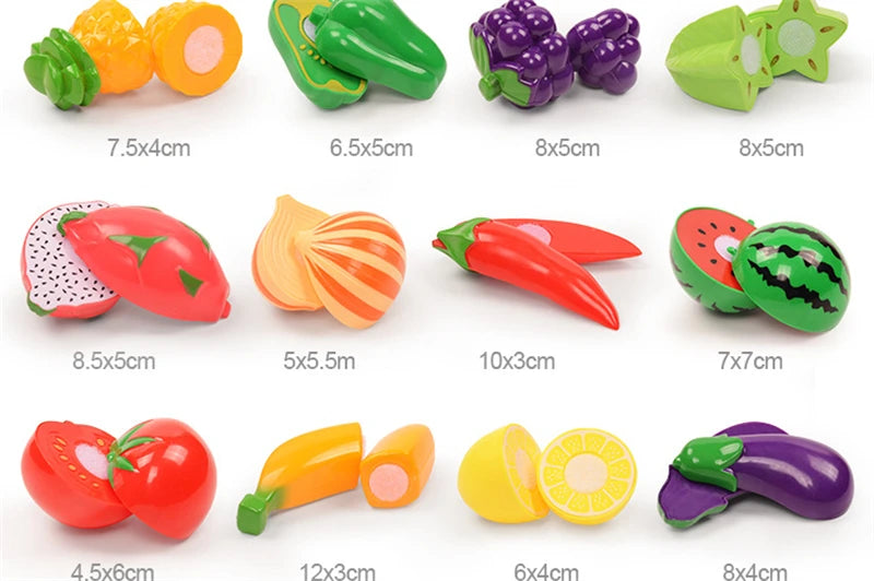 A collection of plastic fruits and vegetables for kids pretend play including tomatoes, peppers, cucumbers, and melons.