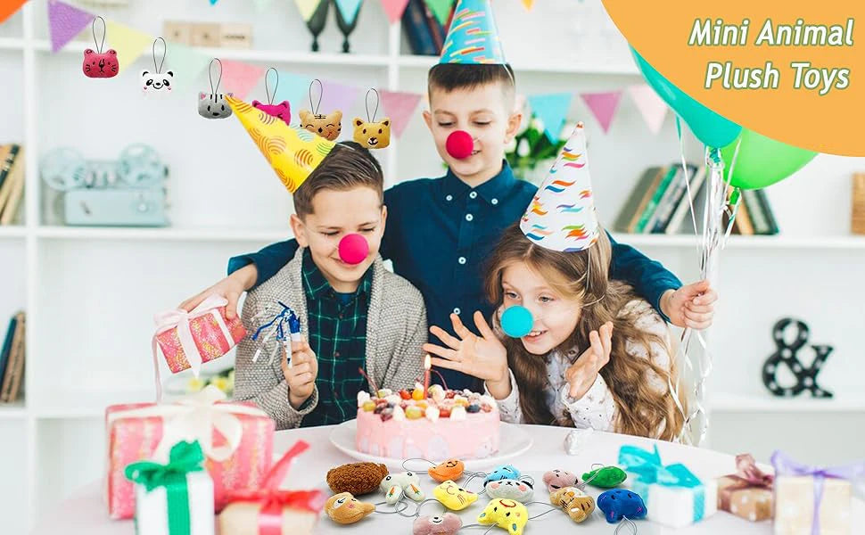 A girl and a boy are surrounded by assorted mini animal plush toys and gifts.