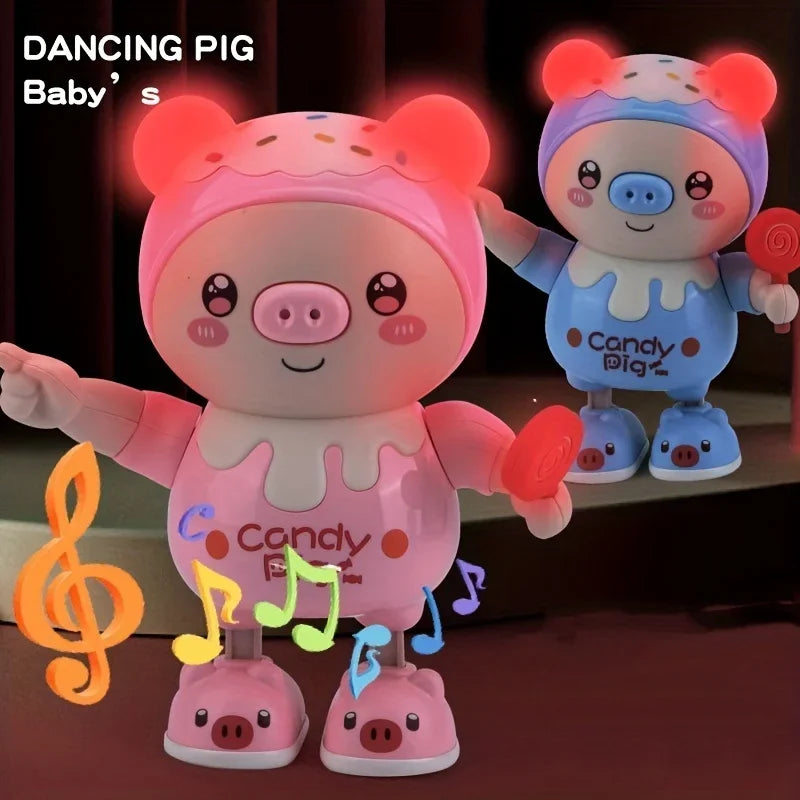 A pink pig toy with large ears is shown next to a blue and white pig toy, both featuring musical notes.
