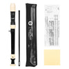 A black Baroque Clarinet Recorder is shown alongside its components and sheet music.