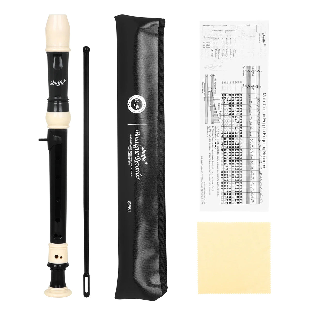A black Baroque Clarinet Recorder is shown alongside its components and sheet music.