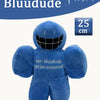 A blue plush rabbit stuffed toy with a black mouth and text on the chest, measuring 25 cm.