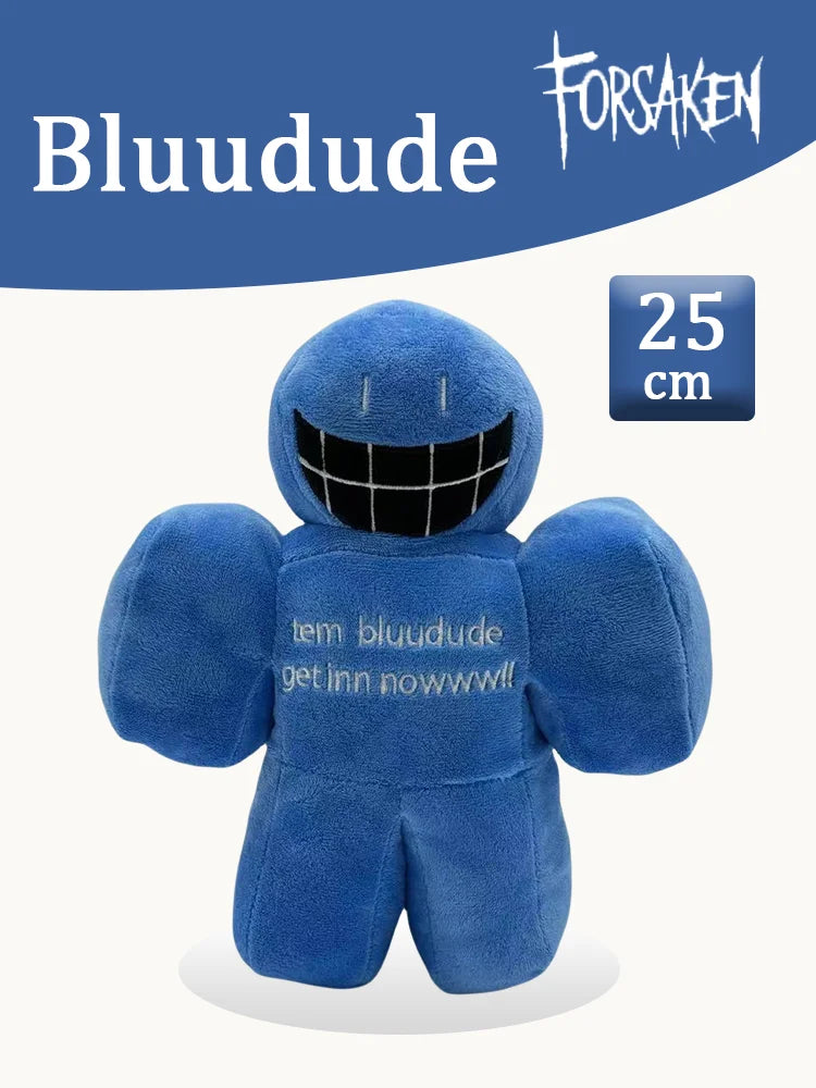 A blue plush rabbit stuffed toy with a black mouth and text on the chest, measuring 25 cm.