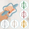 A hand holds a light blue silicone teether with an easy-grip handle, shown alongside various colored and textured versions.