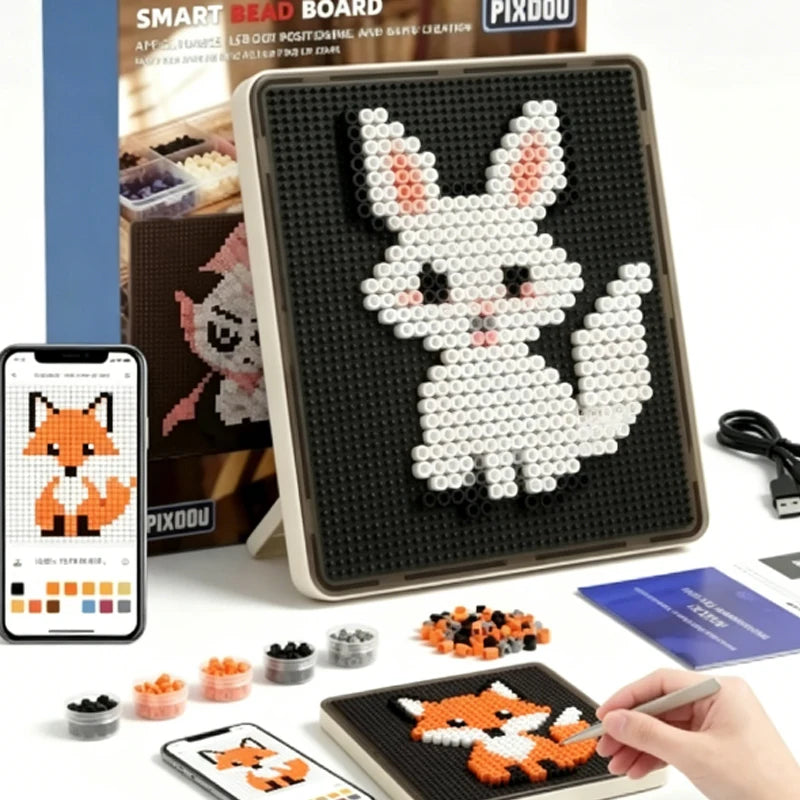 A close-up of a Smart Bead Board featuring a white rabbit pixel art design, alongside a smartphone displaying the app interfa
