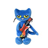 A blue cartoon cat plush toy with yellow eyes holding an electric guitar.