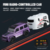 A purple mini radio-controlled car with alloy housing and a white trailer, shown next to its remote control.