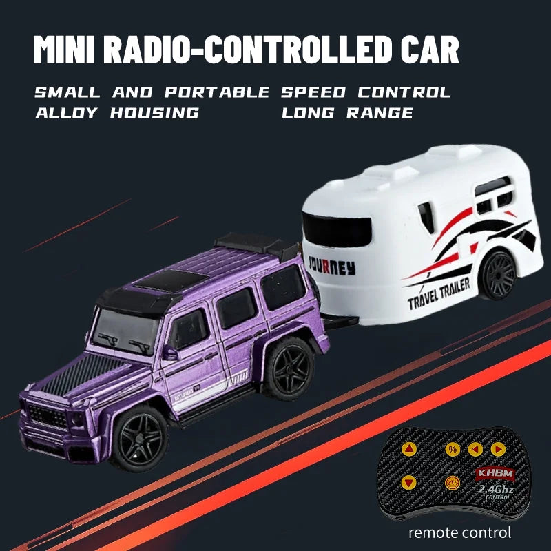 A purple mini radio-controlled car with alloy housing and a white trailer, shown next to its remote control.