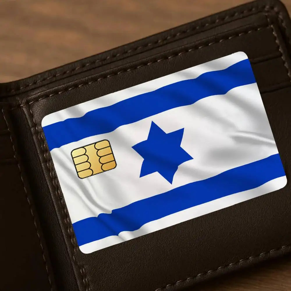 A flag design featuring the blue Star of David and white stripes on a white background, displayed on a leather card.