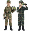 Two boys in camouflage army costumes holding binoculars and wearing military-style uniforms