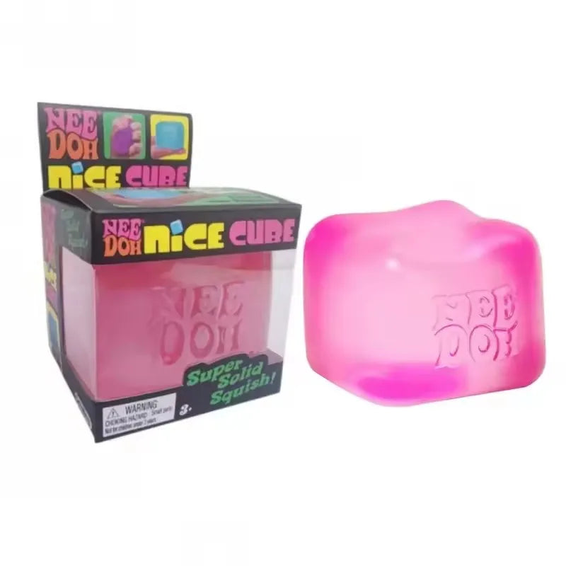 A box of Nee Doh Nice Cube sensory fidget toys in pink and purple colors.