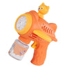 An orange bear-shaped automatic bubble gun with lights for kids, featuring a large nozzle and a clear liquid container.