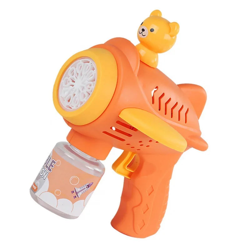 An orange bear-shaped automatic bubble gun with lights for kids, featuring a large nozzle and a clear liquid container.