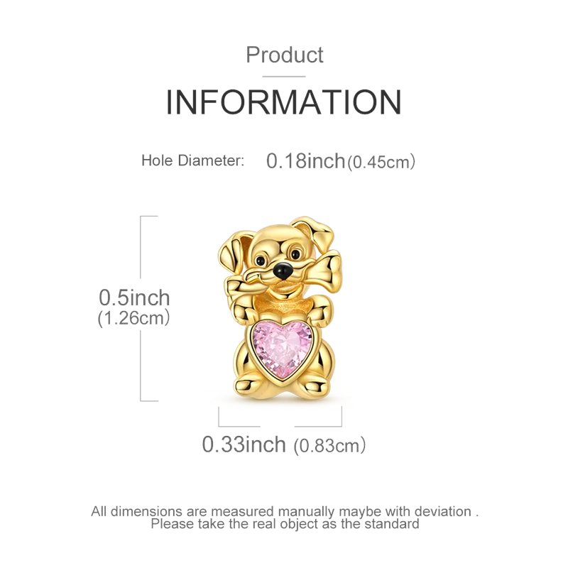 A gold-colored teddy bear charm is shown with product information details.