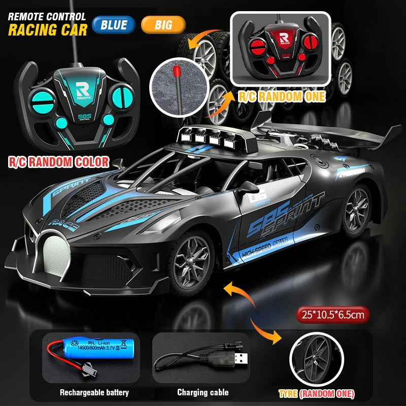 A black and blue R/C racing car with a remote control, battery, and charging cable displayed on a dark surface.