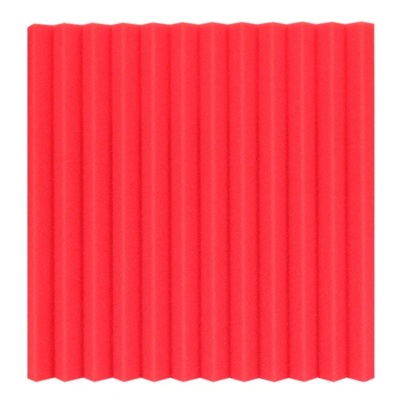 Red acoustic foam panels with a ribbed texture for soundproofing and noise reduction