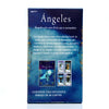 A box of Ángeles oracle cards with a dark blue background and gold lettering.