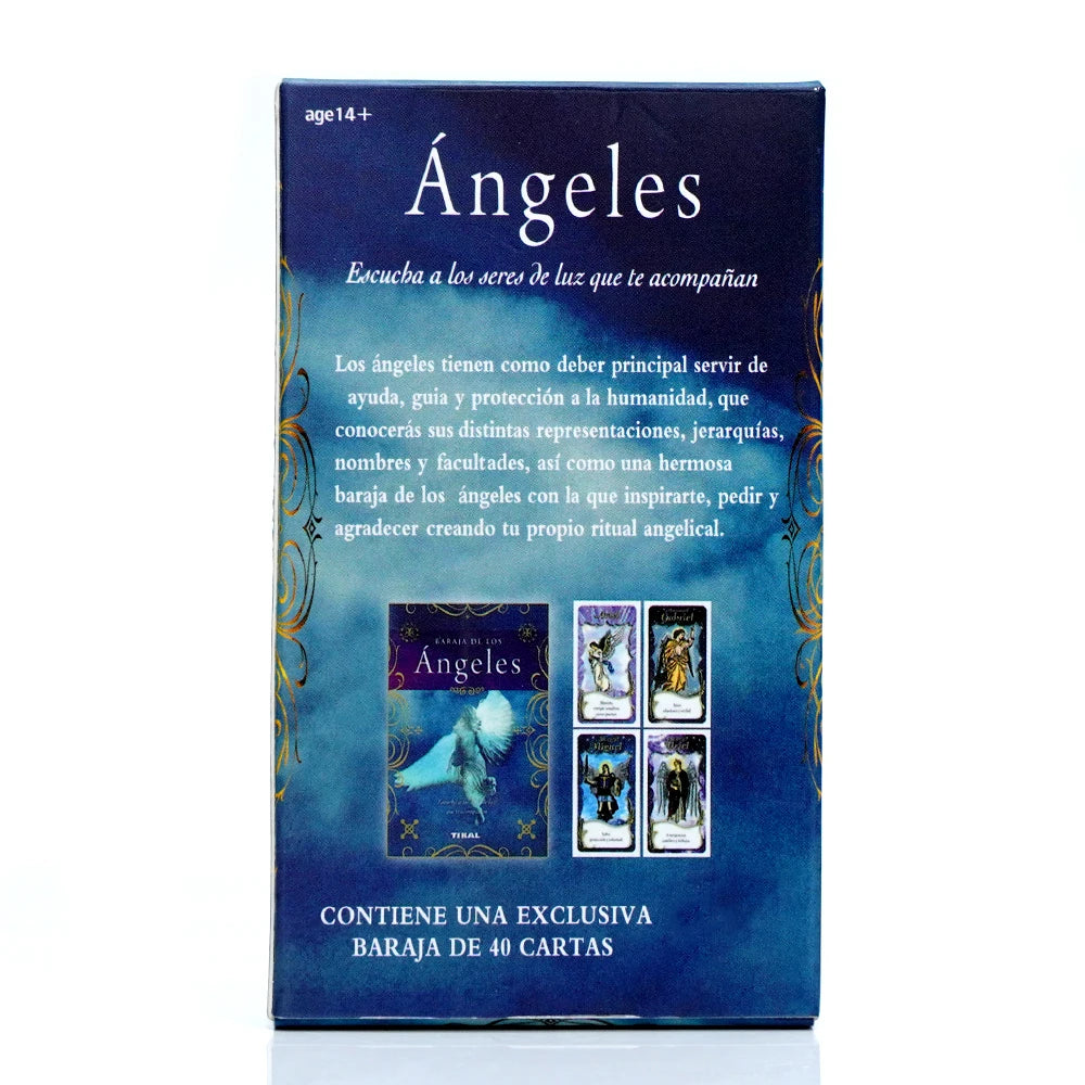 A box of Ángeles oracle cards with a dark blue background and gold lettering.