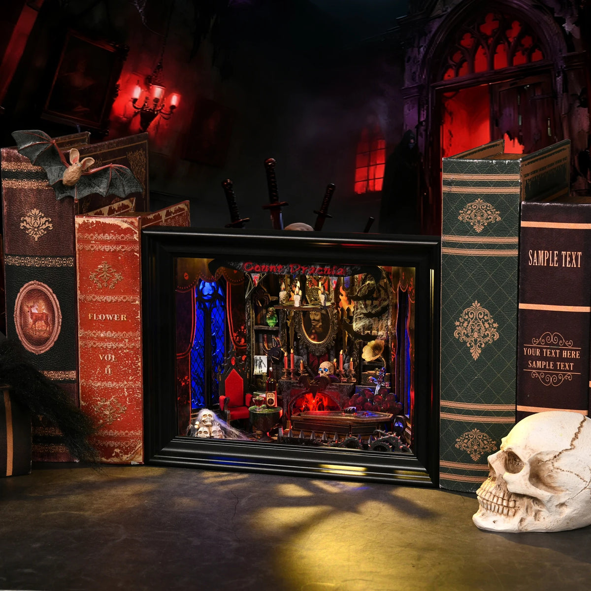 A dark, ornate wooden bookshelf insert featuring a gothic scene with LED lighting and surrounded by decorative books.