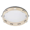 A hand-cranked wooden tambourine with metal bells and a light wood frame.