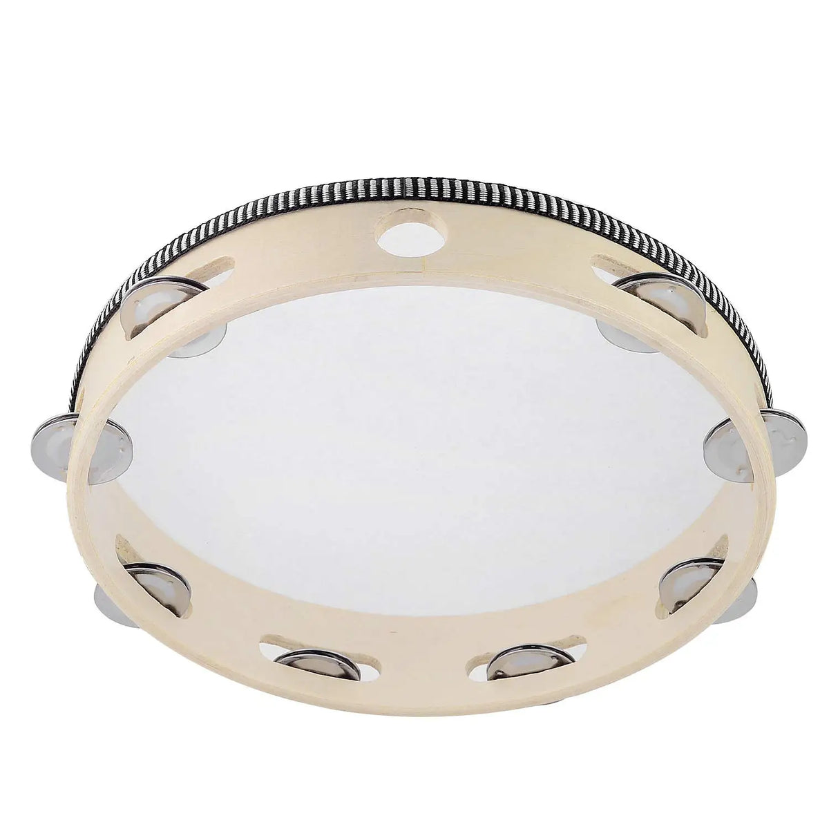A hand-cranked wooden tambourine with metal bells and a light wood frame.