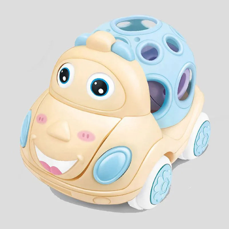 A light blue and beige soft rubber push and go friction car rattle toy set for babies.