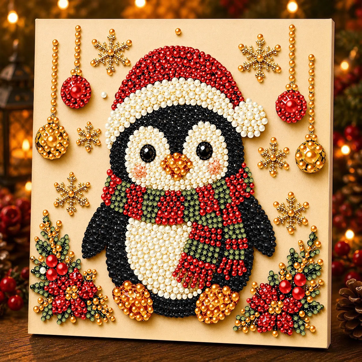 A detailed painting kit featuring a black and white penguin design adorned with red and gold pearls on a canvas.