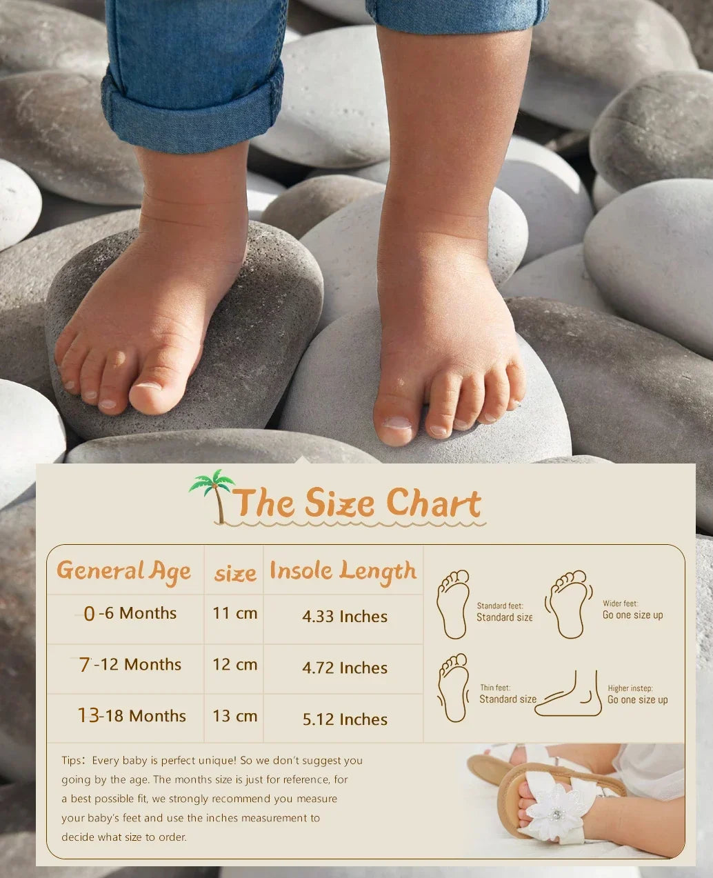 A size chart showing measurements for baby shoes and insoles, with a baby's feet resting on smooth stones.