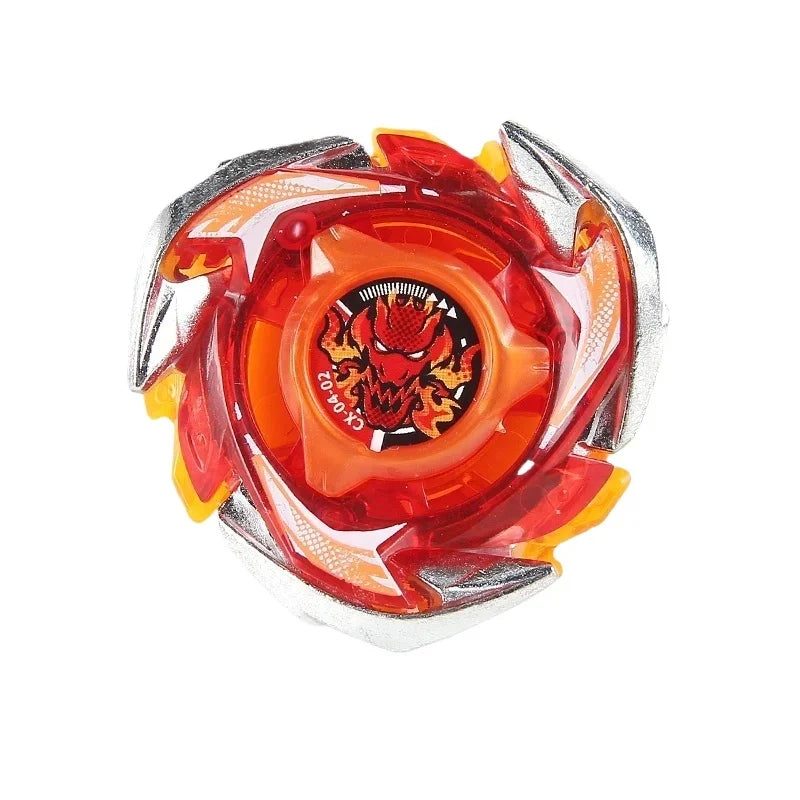 A metal spinning top with a precision balance featuring an orange and red design.