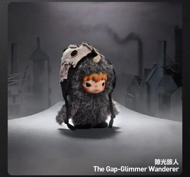 A small, fuzzy plush doll with light brown hair and gray fur is displayed against a dark, minimalist background.
