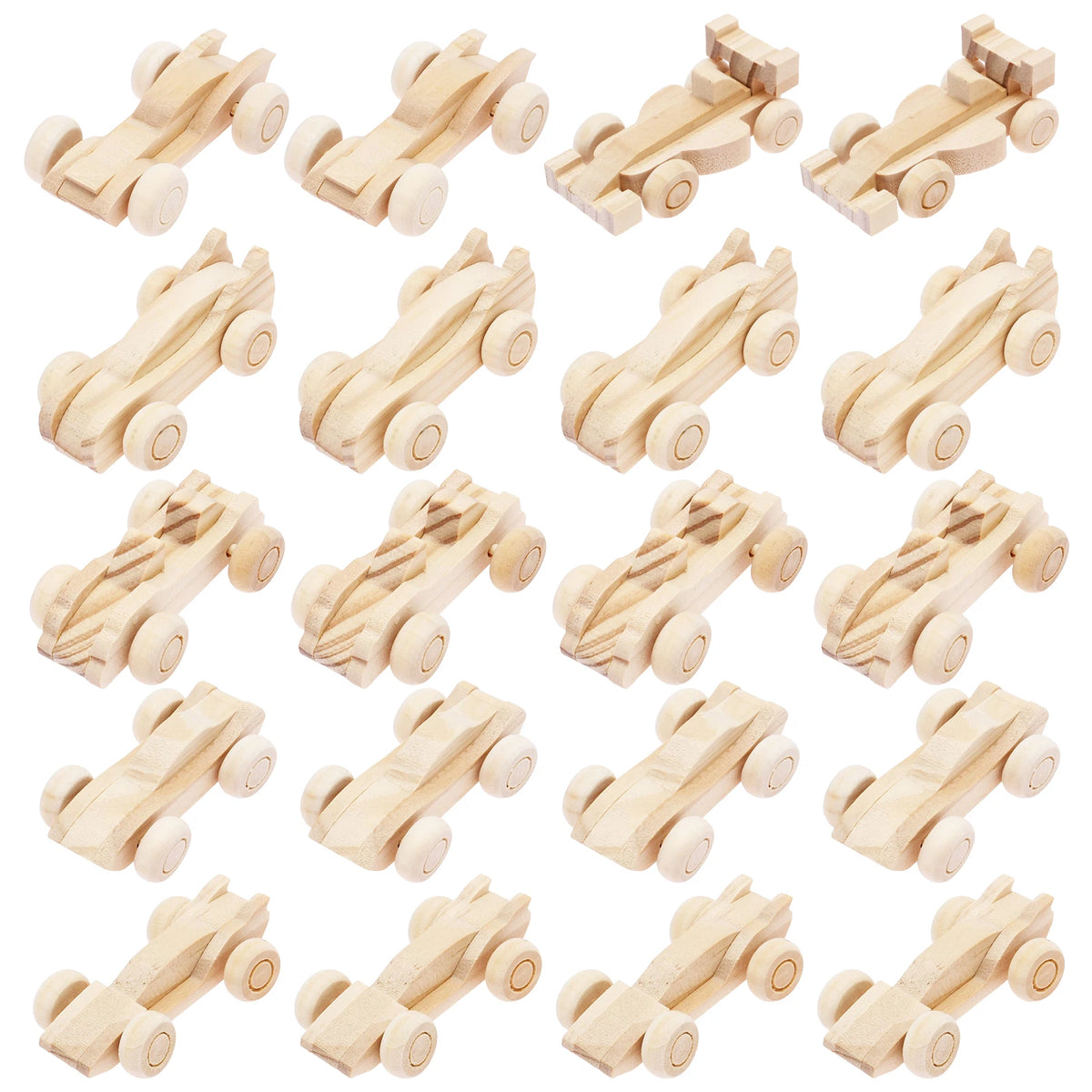 A set of unfinished wooden race cars for kids, showing various angles and designs.