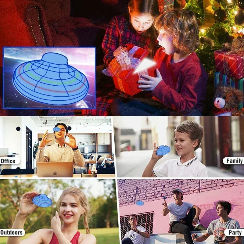 A family is playing with a Magic LED Flying Orb Boomerang Ball outdoors and indoors.