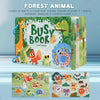 A colorful busy book for toddlers featuring forest animals and various learning activities like tear-off stickers and granule