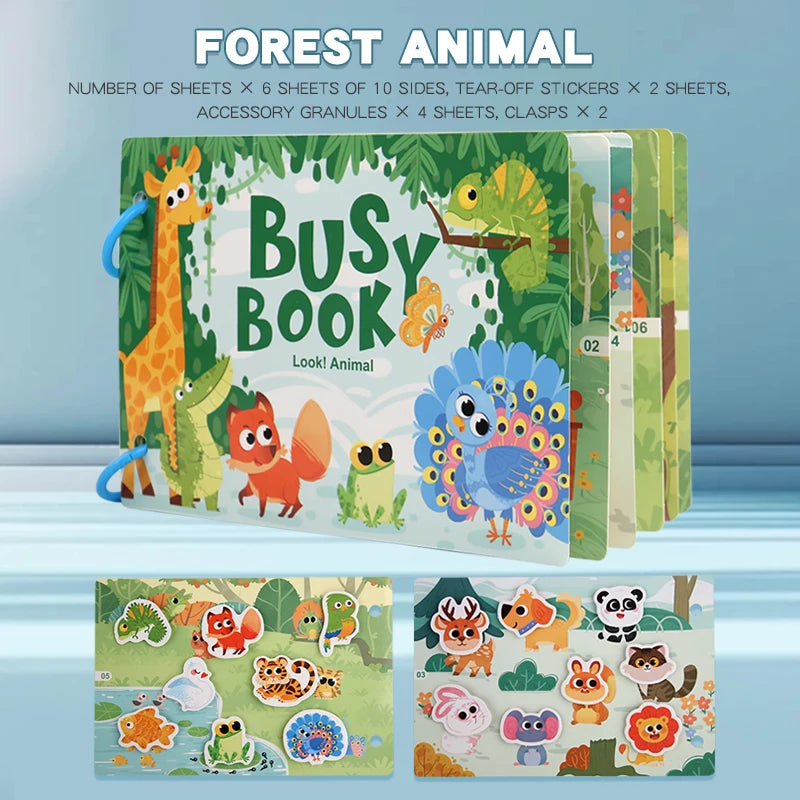 A colorful busy book for toddlers featuring forest animals and various learning activities like tear-off stickers and granule