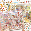 A collection of stickers featuring miniature store scenes, including supermarkets and convenience store designs.