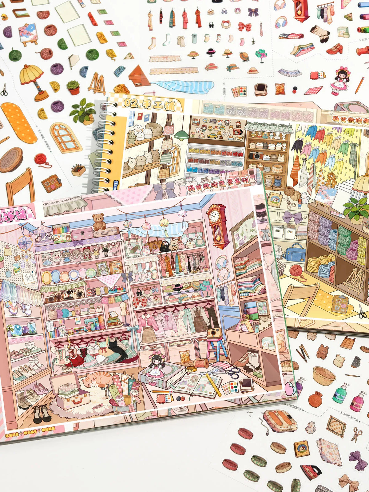 A collection of stickers featuring miniature store scenes, including supermarkets and convenience store designs.