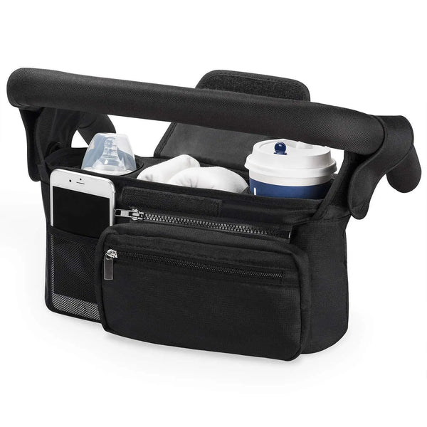 Black universal stroller organizer bag featuring a phone holder and shoulder strap for convenient storage.
