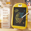 A yellow LCD writing board for kids with a drawing on the screen and a white pen.