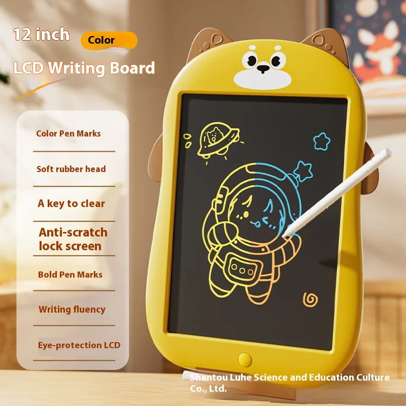 A yellow LCD writing board for kids with a drawing on the screen and a white pen.