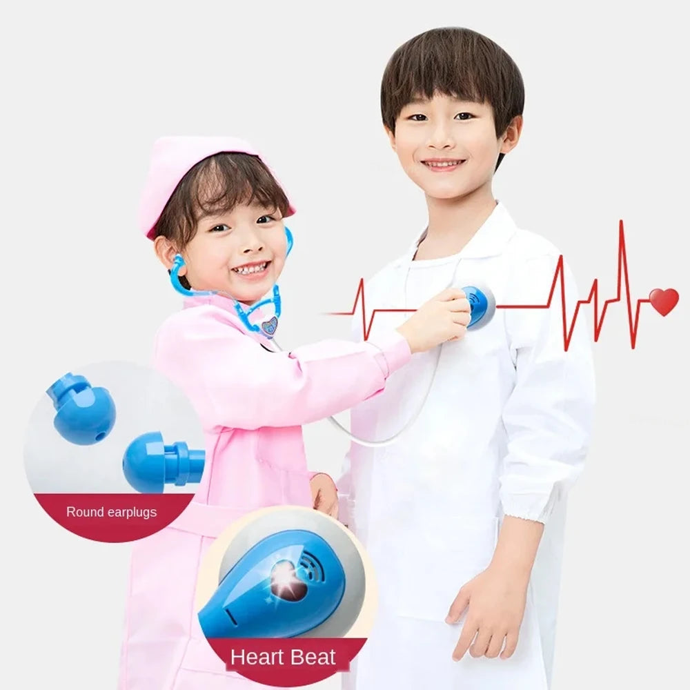 A young boy and girl playing doctor with a pretend medical kit featuring round earpieces and a heart beat monitor.