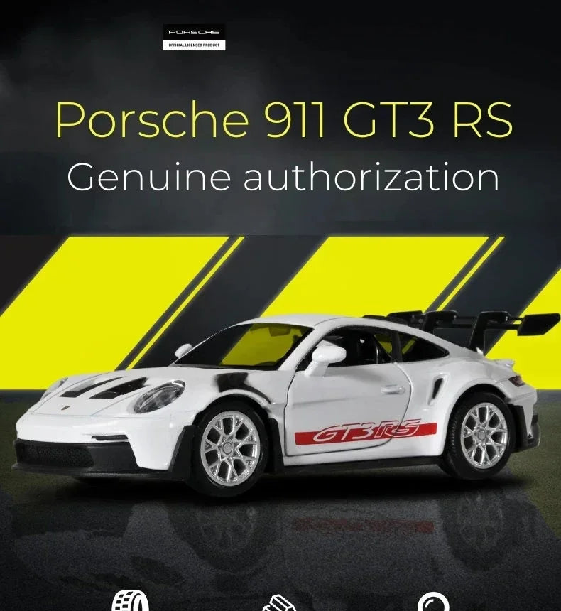 A white Porsche 911 GT3 RS model car is shown against a dark background with yellow stripes.