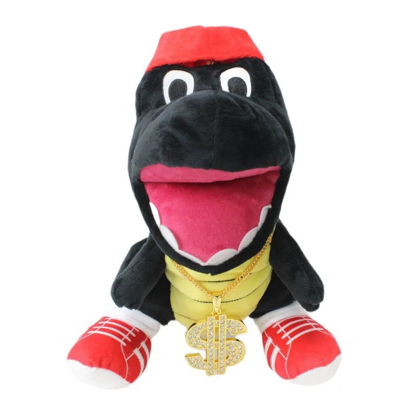 A plush toy of Jeffy featuring a black body, red head, and gold chain accessory.