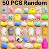 A collection of 50 various cute, squishy animal-shaped stress relief toys in pastel and bright colors.