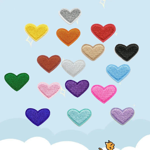 A collection of multi-pack heart embroidered iron-on patches in various colors including yellow, orange, red, green, purple, 