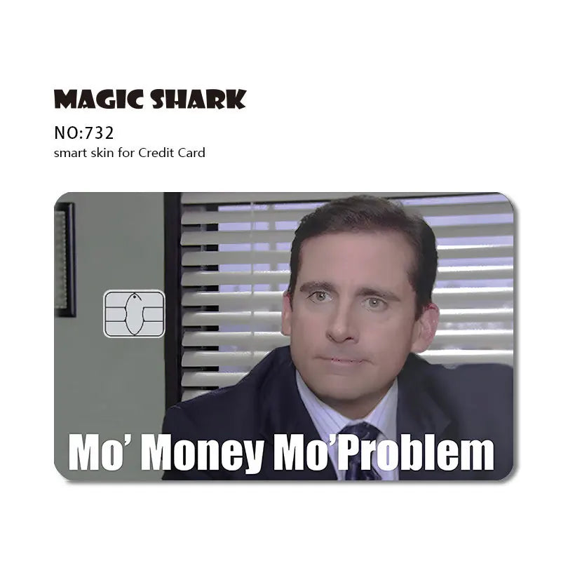 A Magic Shark credit card skin sticker featuring a man in a suit looking directly at the camera.