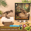 A dinosaur skeleton model and excavation tools are shown in a box for a kid's kit.