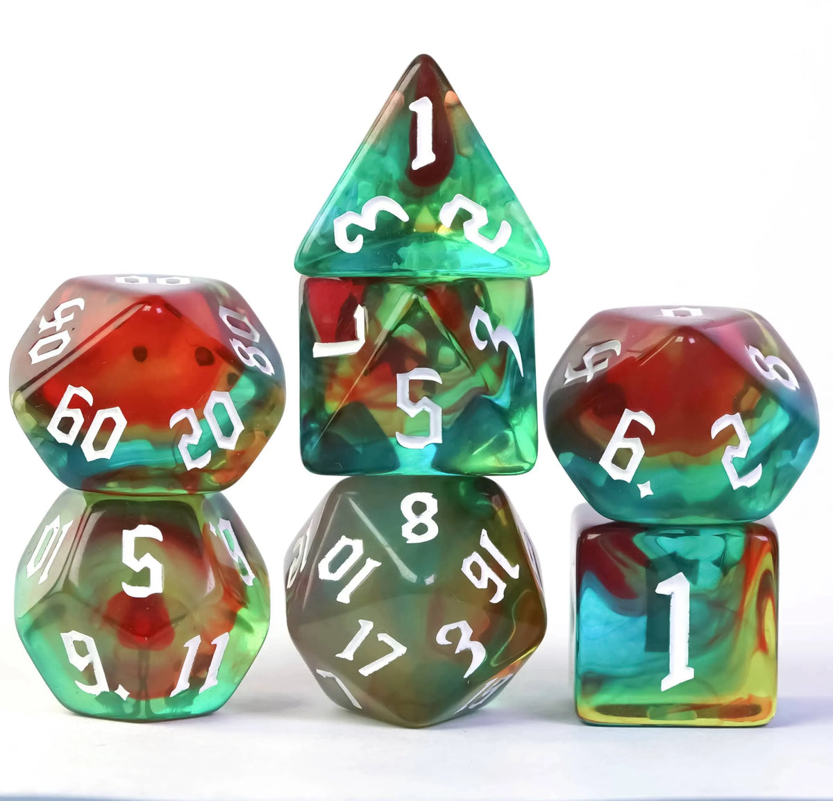A set of seven polyhedral dice in various colors including green, red, and translucent plastic.