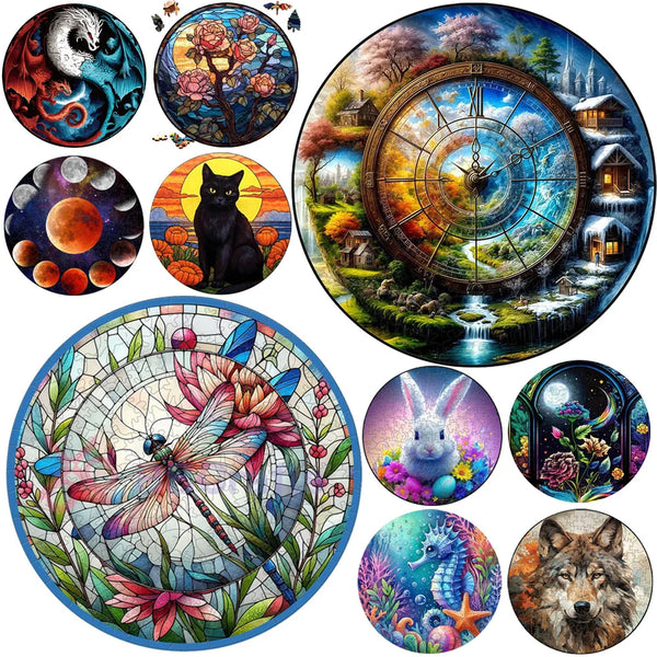 A collection of nine circular illustrations featuring various animals, celestial bodies, and nature elements.