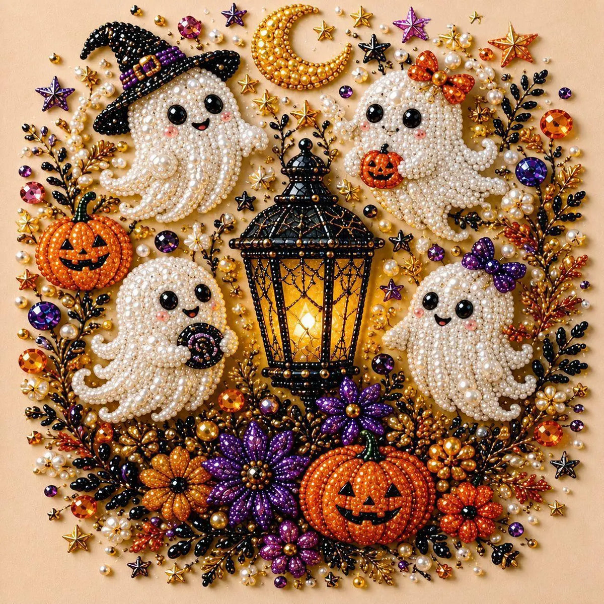 A detailed seasonal art kit featuring white ghost figures, pumpkins, and decorative elements made with pearl and glitter.